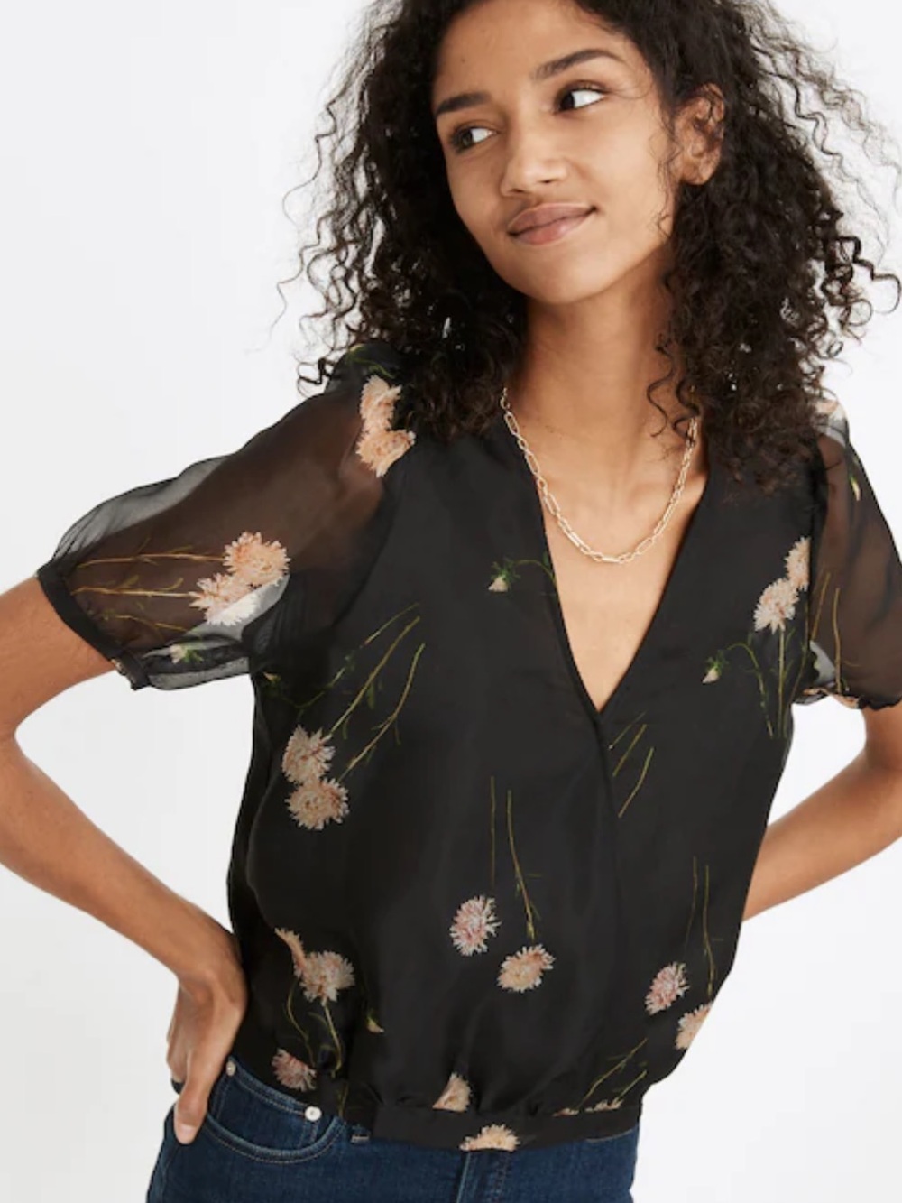 Madewell Silk Organza Puff-Sleeve Wrap Top in Aster Portrait Black Floral Sheer